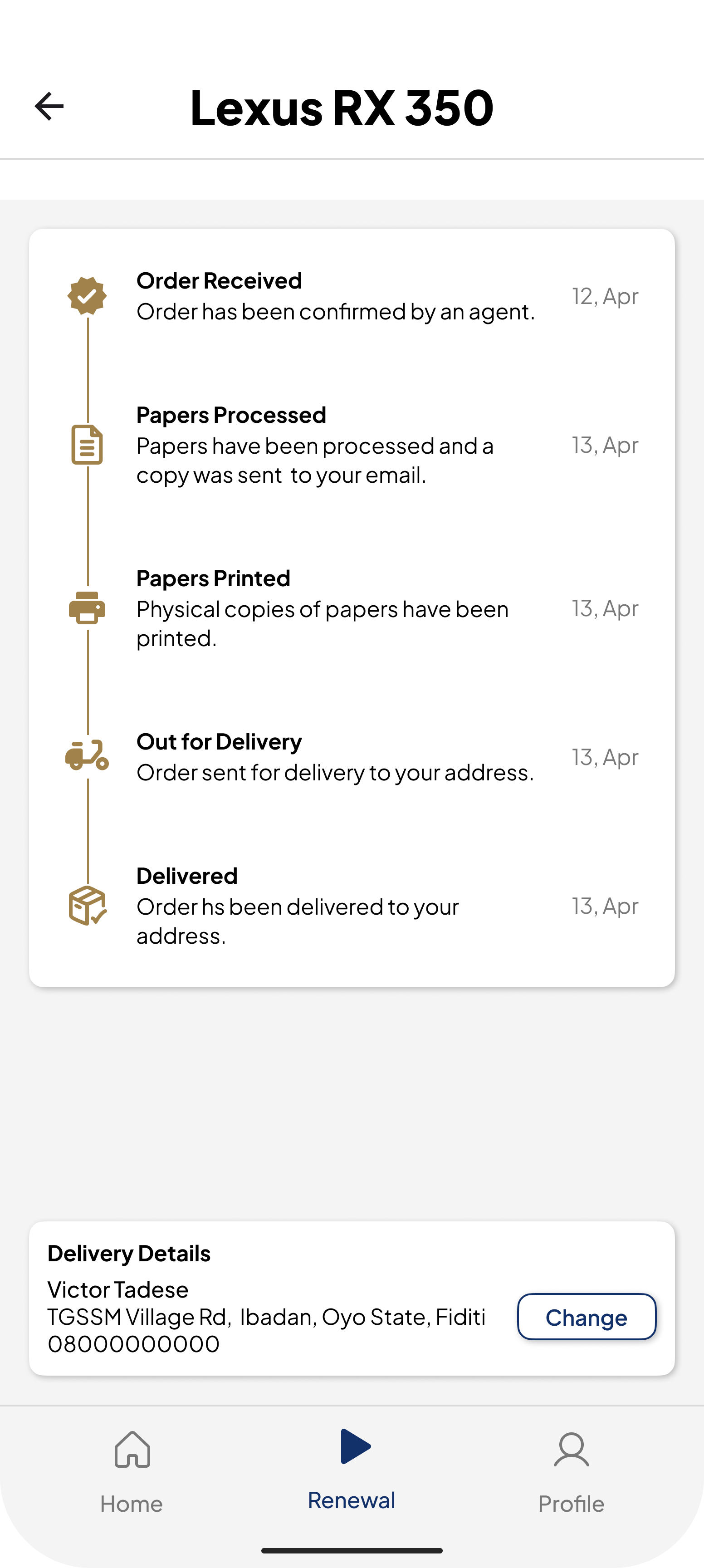 AutoDrive order tracking timeline — from order to delivery